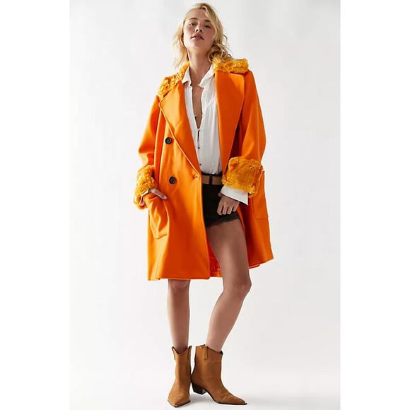 Free People Roxy Neon Orange Faur Fur Wool Oversized Peacoat Coat Size Small - Picture 1 of 7